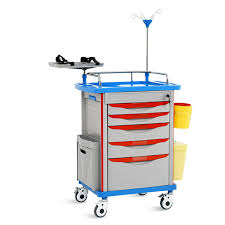 CHARIOT D'URGENCE ET REANIMATION AVEC TIROIRE, PORTE MONITEUR, PORTE SERUM, STRUCTURE EL ALLU A L'IN