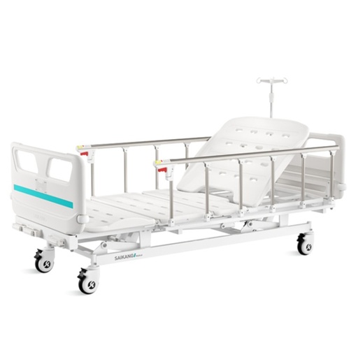 [V3K] LIT DE REA MANUEL 03 POSITIONS (03 MANIVELLES) CHARGE POIDS 200KG AVEC POTENCE PORTE SERUM, BARRIERE